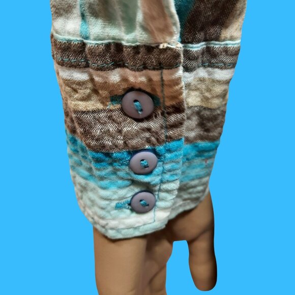 Vintage 90s Y2K Fitted Striped Button Up Shirt Size M Embroidered Blue Brown - Picture 6 of 7